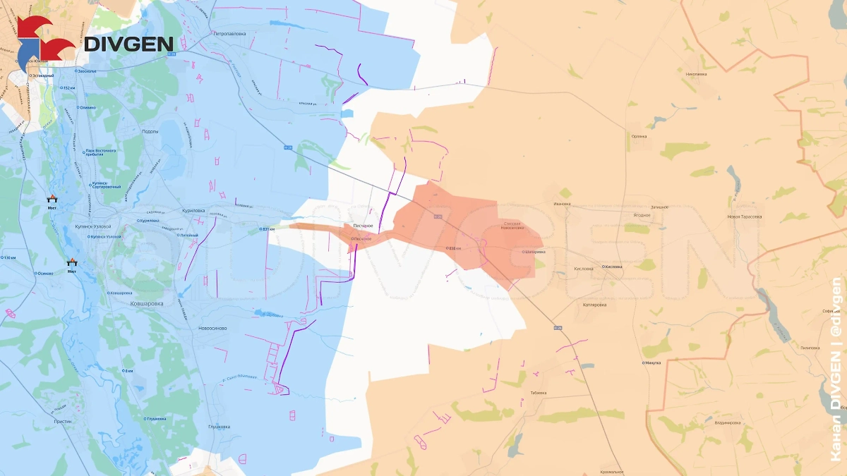 Карта СВО на 18 октября 2025 года. Армия России освободила Песчаное в Харьковской области. Фото © Telegram / divgen