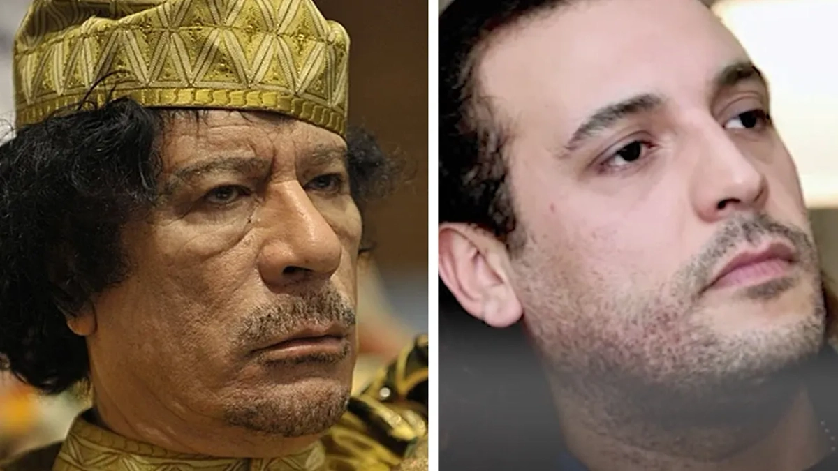 Ливийский лидер Муаммар Каддафи и его сын Ганнибал. Обложка © Wikipedia / US Navy, © Youtube / The Libya Observer