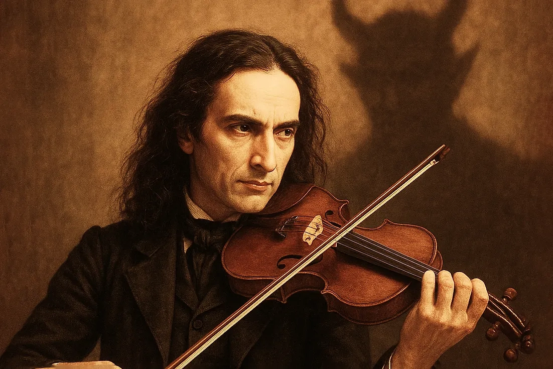Никколо Паганини играл на скрипке так хорошо, что критики и завистники заподозрили его в сделке с дьяволом. Обложка © ChatGPT
