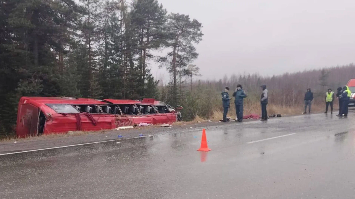 В Югре автобус опрокинулся в кювет, два человека погибли, девять пострадали. Обложка © Telegram / Госавтоинспекция Югры