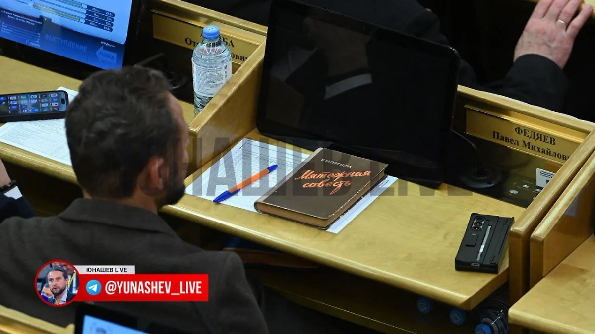 Федяева застали за чтением мемуаров нацистского офицера на заседании. Фото © Telegram / Юнашев LIVE
