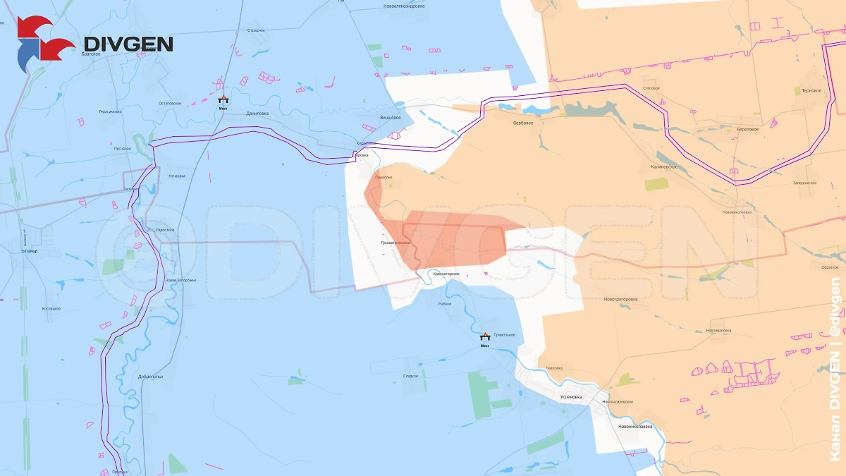 Карта СВО на 25 октября 2025 года. Подразделения группировки войск «Восток» освободили населённый пункт Першотравневое (Злагода) в Днепропетровской области. Фото © Telegram / DIVGEN 🚩 Карта СВО
