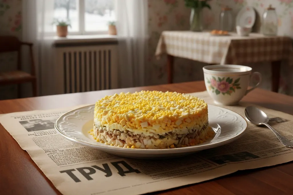 Легендарный советский салат мимоза — по рецепту из газеты «Труд». Обложка © Gemini Nano Banana