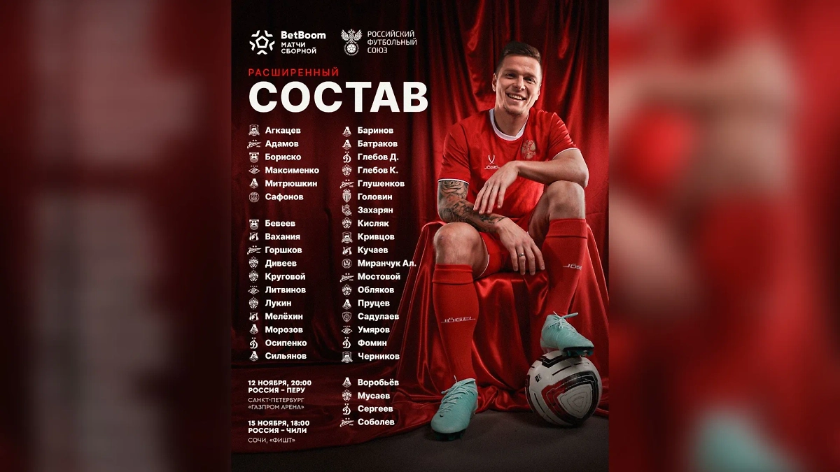 Расширенный состав  на товарищеские матчи с командами Перу (12 ноября в Санкт-Петербурге) и Чили (15 ноября в Сочи). Фото © Telegram / Сборная России по футболу