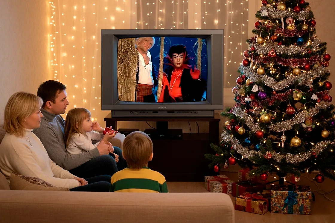 Что смотрели по телевизору на Новый год в нулевые годы: подборка. Обложка © Коллаж © Life.ru. Фото © Gemini Nano Banana, © Кадр из фильма «Вечера на хуторе близ Диканьки», режиссёр Семен Горов / Kinopoisk