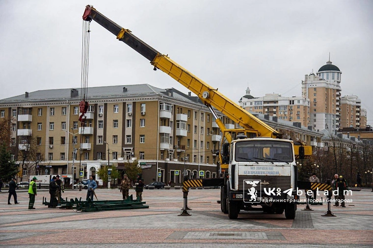 В Белгороде начали устанавливать новогоднюю ель на Соборной площади. Фото © пресс-служба администрации города Белгорода