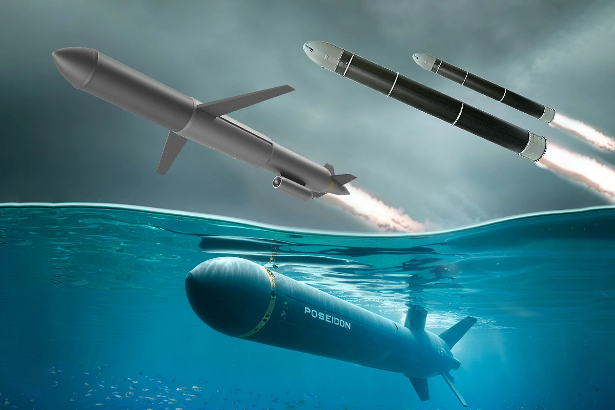 «Буревестник», «Посейдон» и «Сармат» обеспечили стратегический паритет России на десятилетия вперёд. Коллаж © Life.ru. Обложка © Shutterstock / FOTODOM / Shutterstock-Pixelsquid, Ikkiae001, © ТАСС / Пресс-служба Минобороны РФ, © Chat GPT