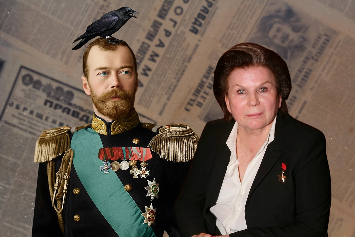 Как Николаю Второму на голову надели ворону и что случайно написали про Терешкову. Обложка © Коллаж © Life.ru. Фото © Shutterstock / FOTODOM / DmyTo, © Gemini Nano Banana, © Wikipedia, © ТАСС / Вадим Тараканов