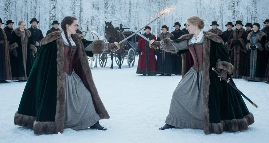 Женская дуэль номер один. Непонятно, почему разгорелась вражда, но эти женщины были дворянскими авторитетами своего времени и разделили губернию надвое. Фото © Nano Banana AI