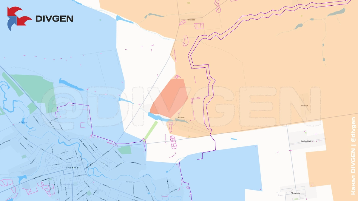 Карта СВО на 25 ноября 2025 года. В ходе освобождения Затишья штурмовые группы заняли промзону западнее населённого пункта. Фото © Telegram / DIVGEN ???? Карта СВО