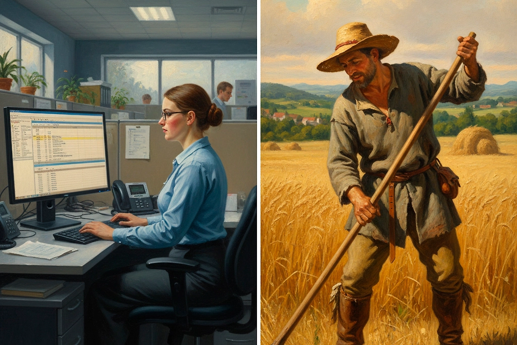 Офисные работники, если рассматривать работу по ТК РФ, отдают своему работодателю больше времени. Зато им не надо выживать. Фото © Gemini