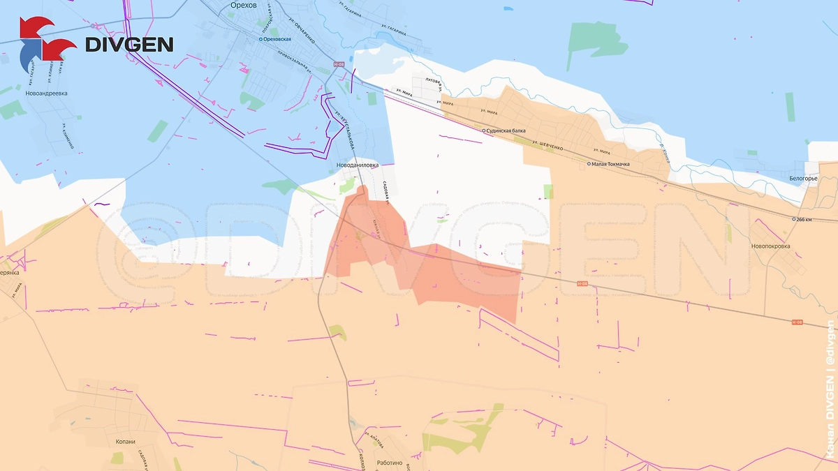 Карта СВО на 9 декабря 2025 года. Подразделения ГВ «Днепр» продвигаются в Новоданиловке, южнее Орехова. Фото © Telegram / DIVGEN 🚩 Карты СВО