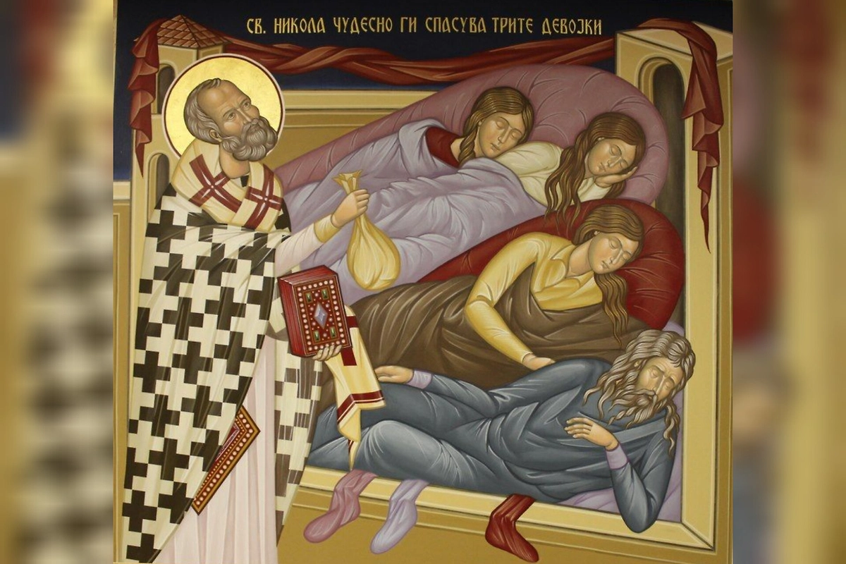 Икона, на которой изображён Николай Чудотворец с приданым для трёх девиц. Фото © Wikipedia / Wikivorker.