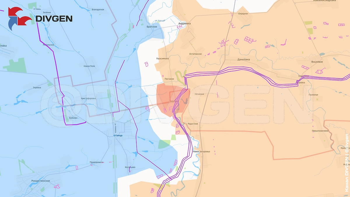Карта СВО на 25 декабря 2025 года. Подразделения 36-й мотострелковой бригады 29-й армии освободили село Заречное на стыке Днепропетровской и Запорожской областей. Фото © Telegram / DIVGEN ???? Карта СВО