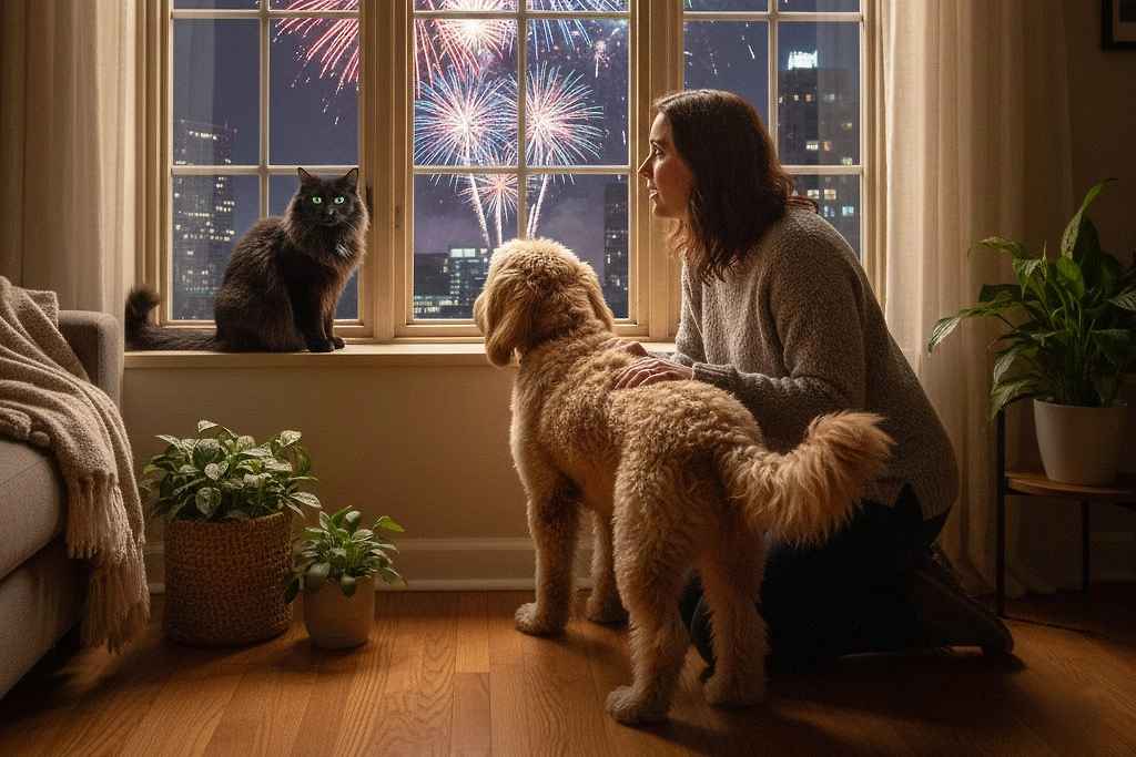 Безопасный Новый год с собакой и кошкой: советы ветеринаров и кинологов. Фото ©&nbsp;Nano Banana AI