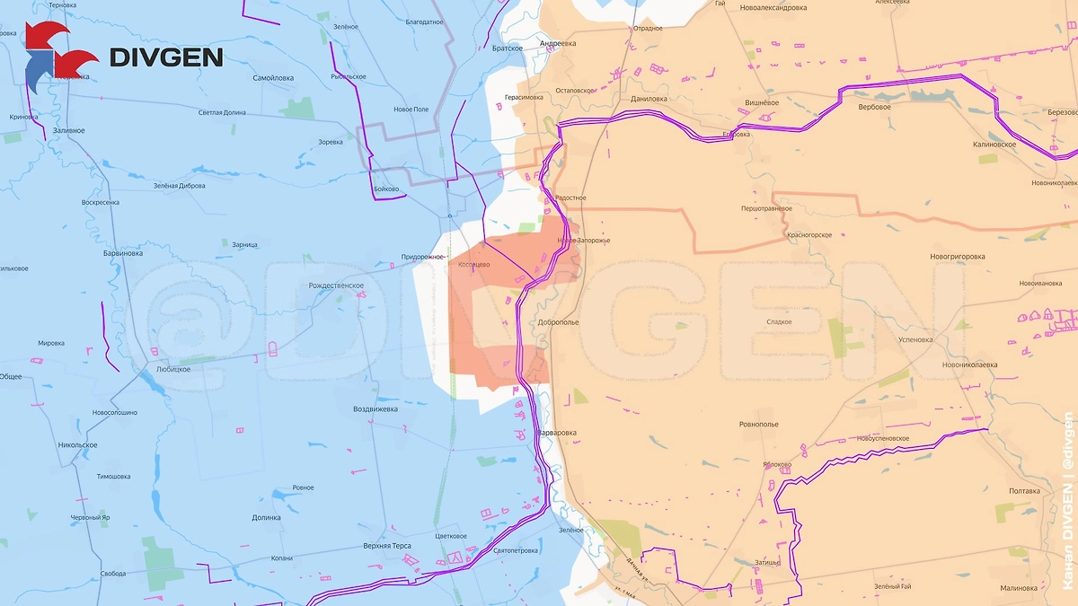 Карта СВО на 27 декабря 2025 года. Армия России взяла под контроль населённый пункт Косовцево в Запорожской области. Фото © Telegram / DIVGEN 🚩 Карта СВО