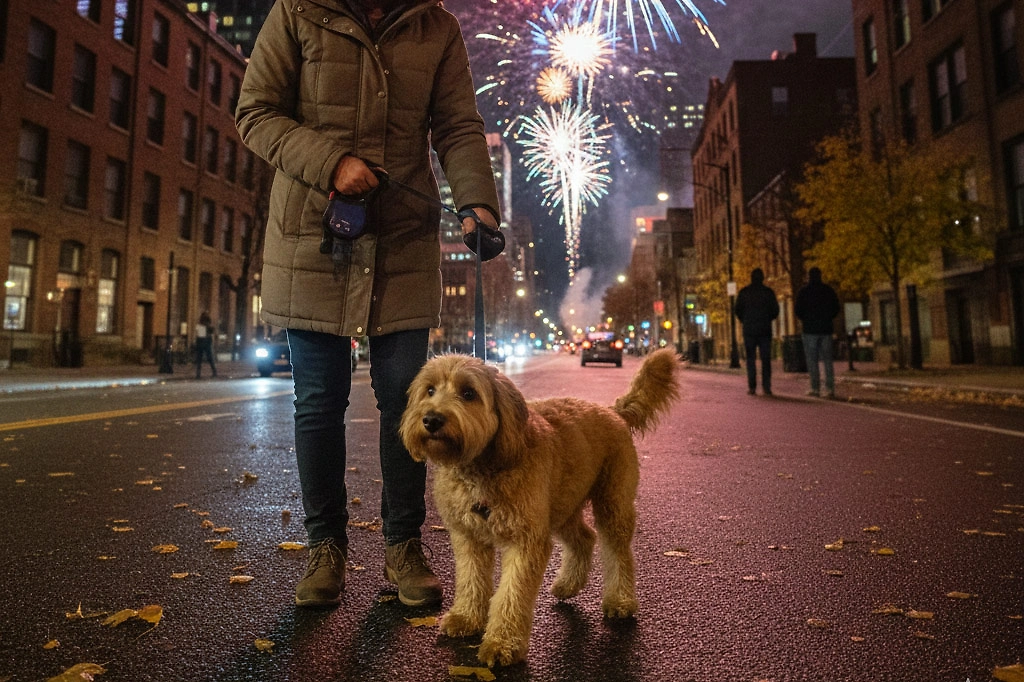 Прогулки с собакой в новогоднюю ночь: как не потерять питомца во время салютов. Фото ©&nbsp;Nano Banana AI