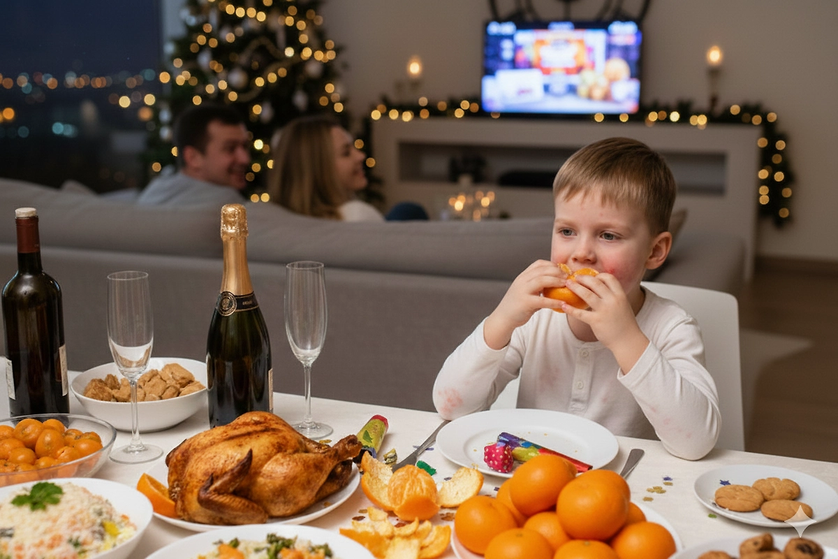 Новогодний стол для ребёнка: как избежать аллергии и переедания. Фото © Nano Banana AI