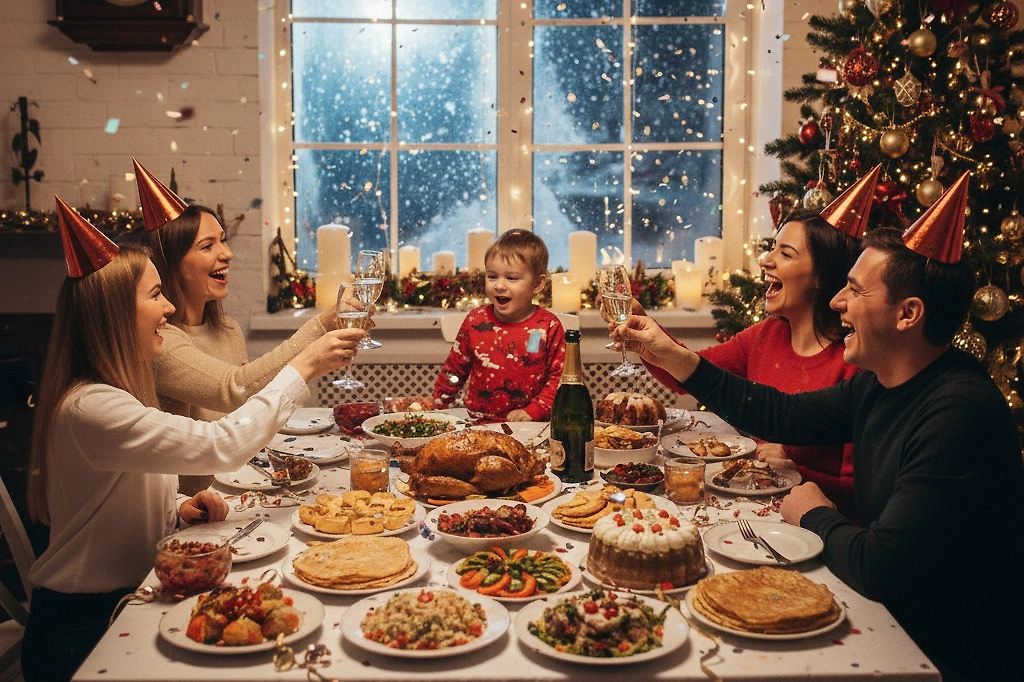 Как накормить ребёнка в Новый год без последствий для желудка. Фото © Nano Banana AI