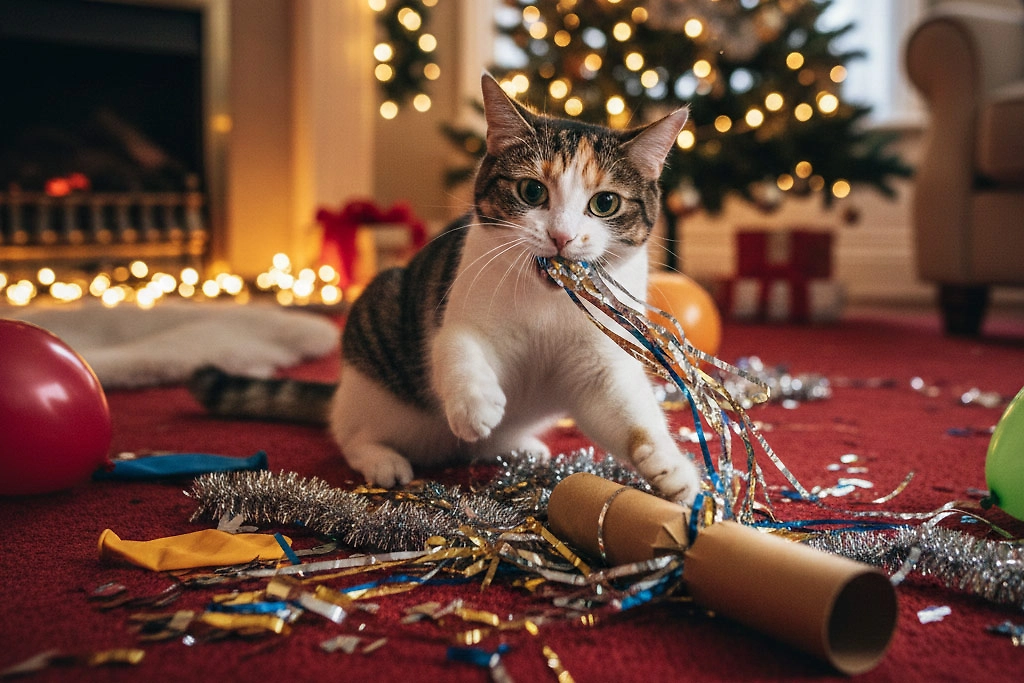 Новогодние украшения, опасные для кошек: почему мишура убивает животных. Фото ©&nbsp;Nano Banana AI