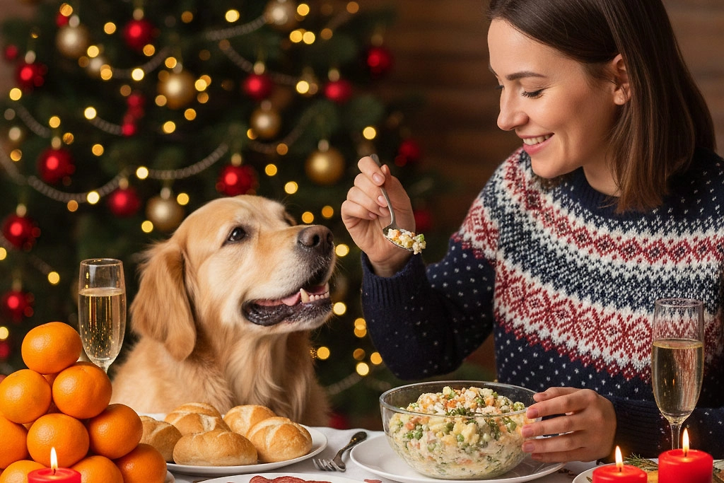 Что нельзя давать животным с новогоднего стола: опасные продукты для питомцев. Фото ©&nbsp;Nano Banana AI