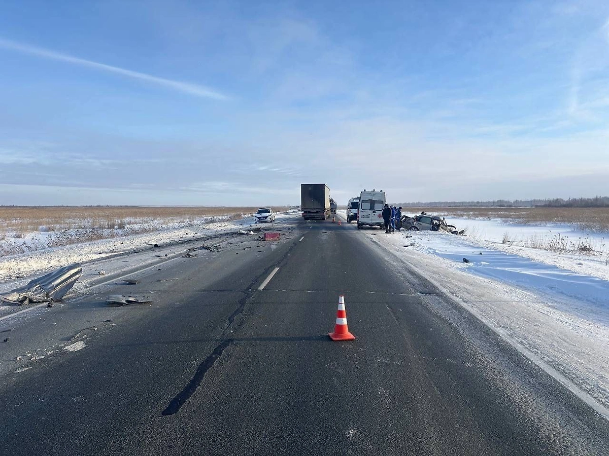 Место смертельного ДТП с фурой и легковушкой в Новосибирской области. Фото © Telegram / Госавтоинспекция Новосибирской области