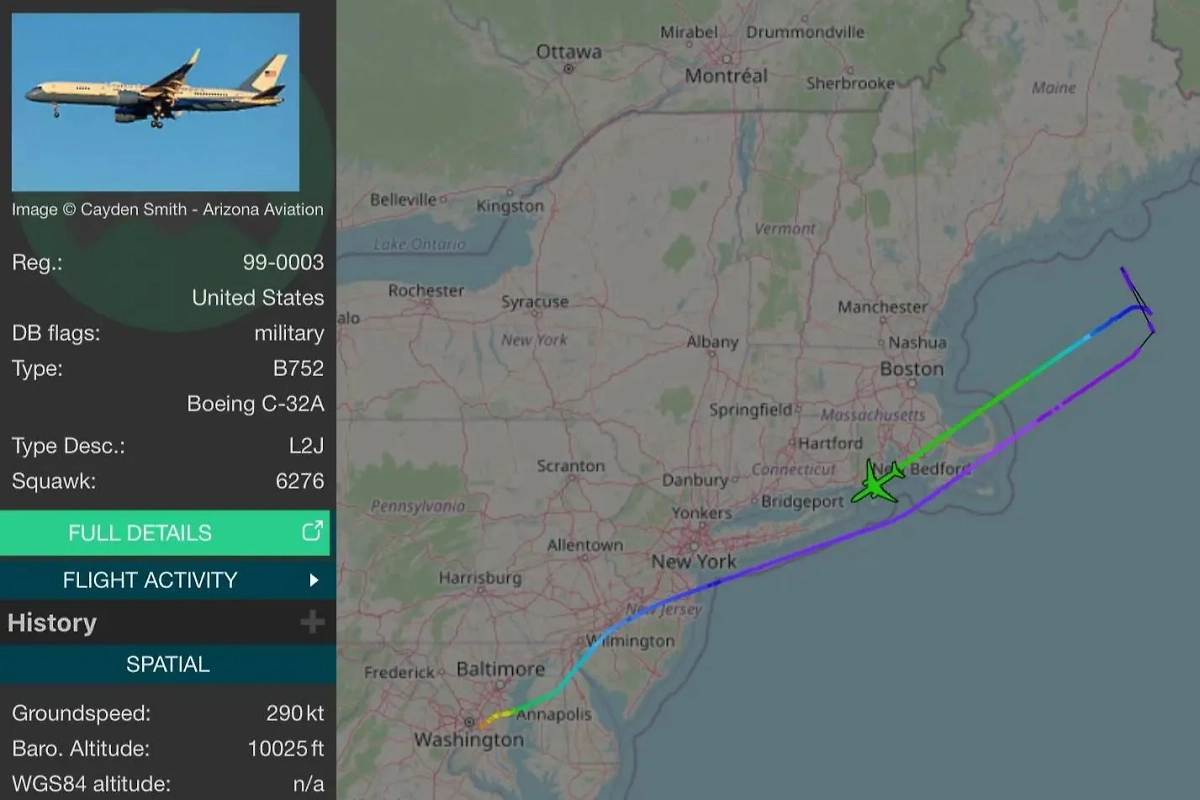 Траектория полёта самолёта госсекретаря. Фото © Flightradar24