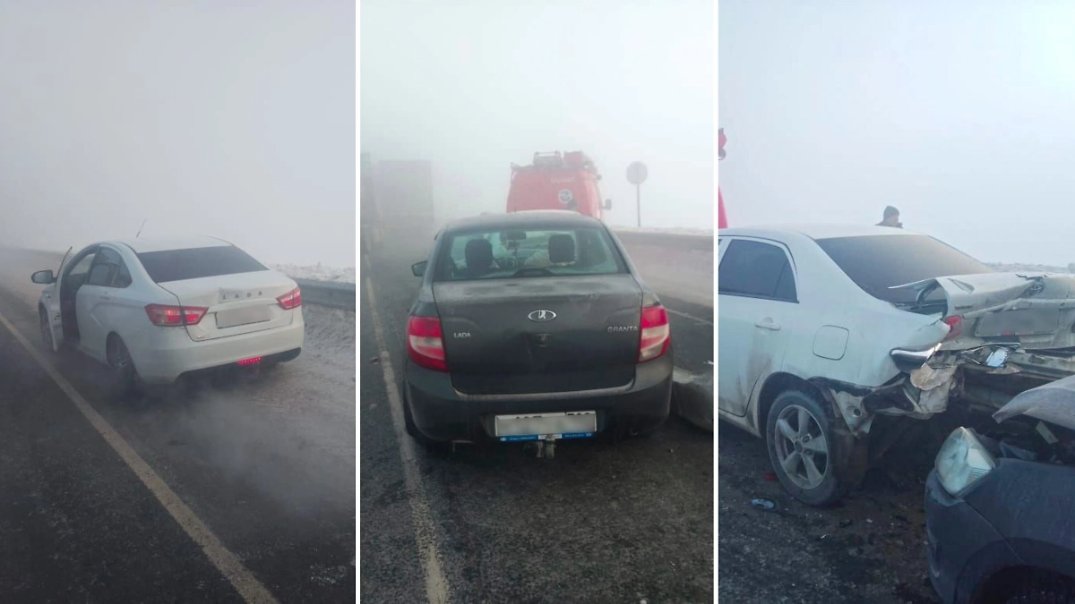 Массовое ДТП с участием девяти машин произошло на трассе Р-240 Уфа — Оренбург. Обложка © Telegram / МЧС Башкортостан