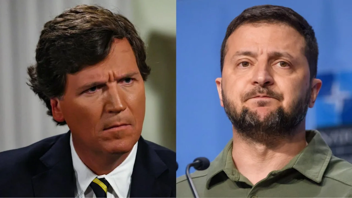 Журналист Такер Карлсон и Владимир Зеленский. Обложка © kremlin.ru, Shutterstock / FOTODOM / Gints Ivuskans