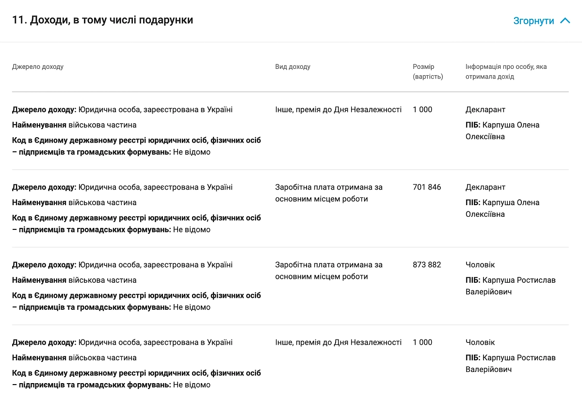 Декларация о доходах семьи Карпуши за 2023 год. Фото © public.nazk.gov.ua