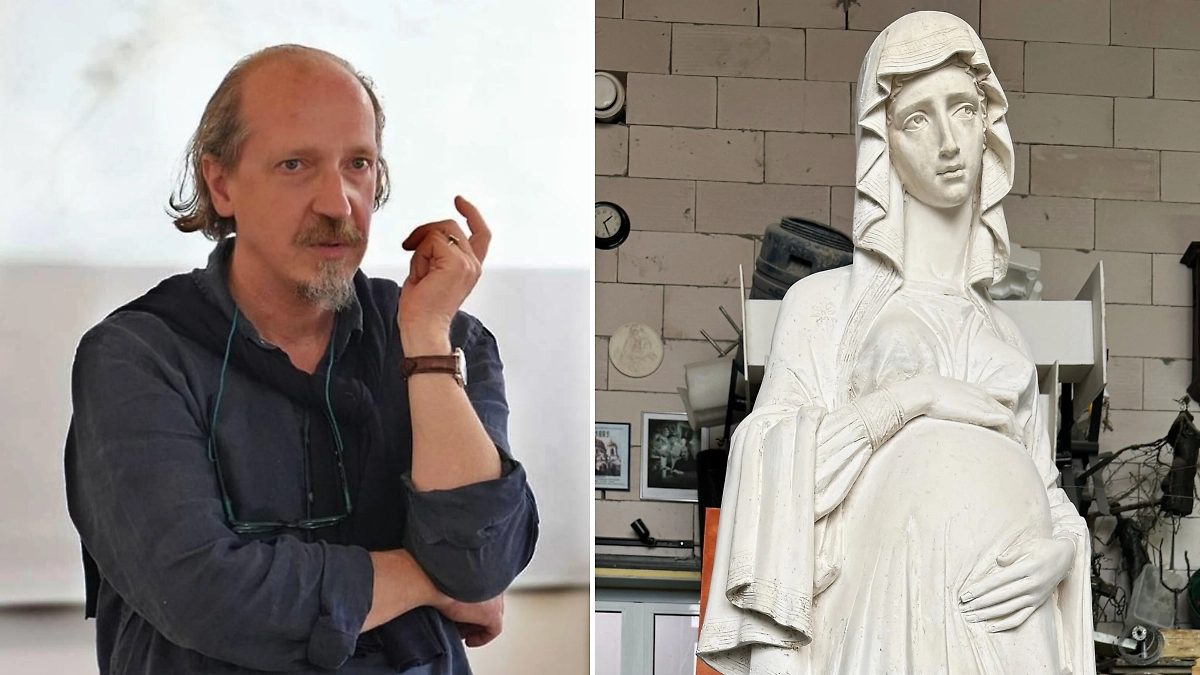 Скульптор Василий Селиванов и статуя Девы Марии его работы. Обложка © Instagram (признан экстремистской организацией и запрещён на территории Российской Федерации) / selivanovstudio, © Life.ru / Елизавета Студеникина