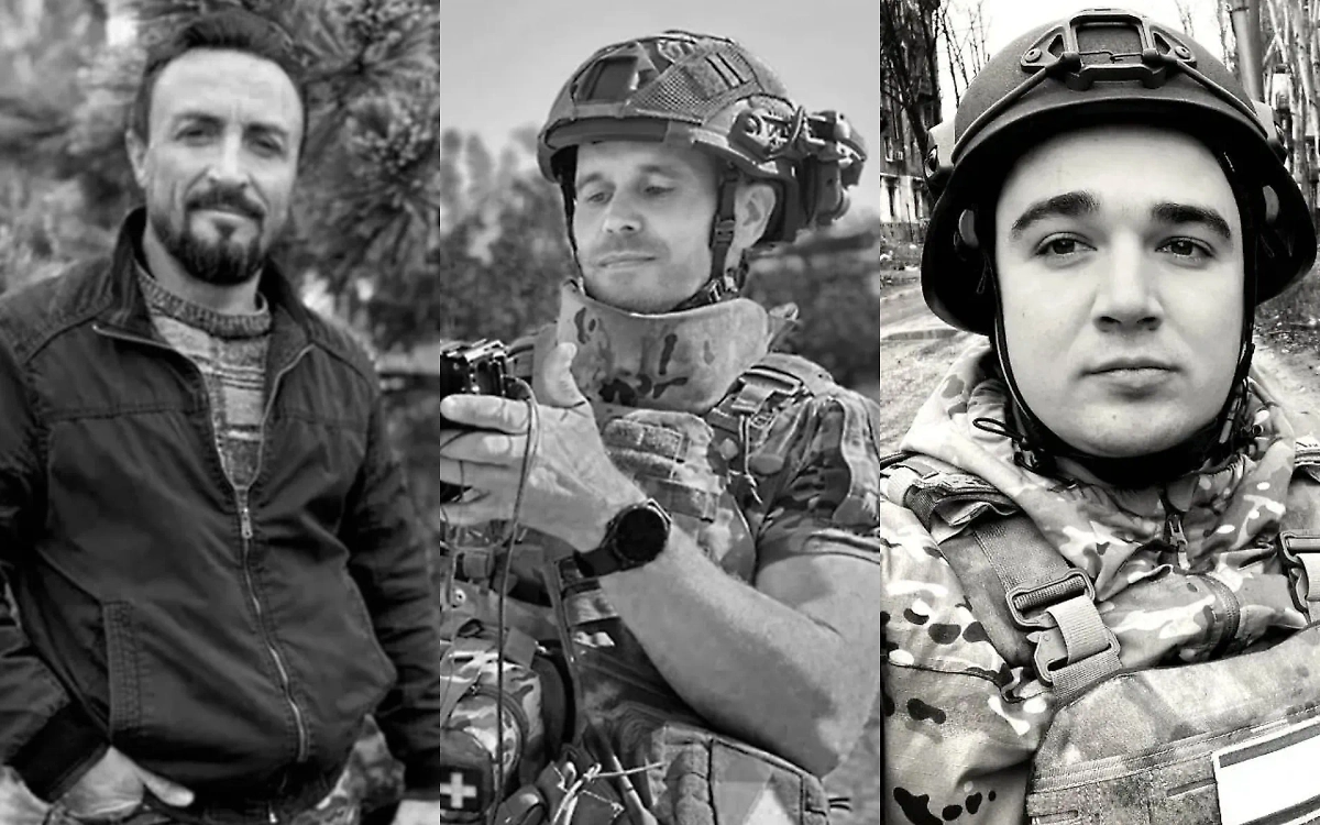 Погибшие журналисты Андрей Панов, Александр Сиркели и Александр Федорчак. Обложка © Telegram / Zvezdanews / VK / Александр Федорчак