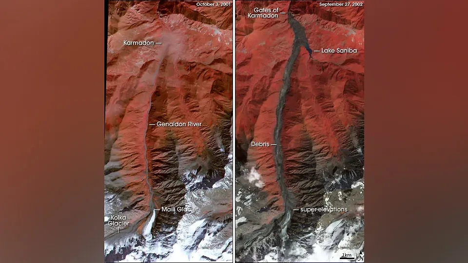 Спутниковые снимки Кармадонского ущелья до и после трагедии 20 сентября 2002 года. Фото © Wikipedia / NASA