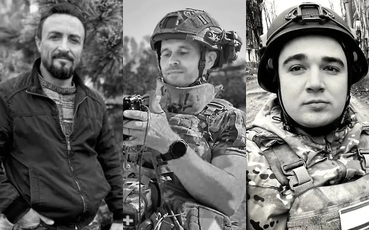 Погибшие журналисты Андрей Панов, Александр Сиркели и Александр Федорчак. Обложка © Telegram / Zvezdanews / VK / Александр Федорчак