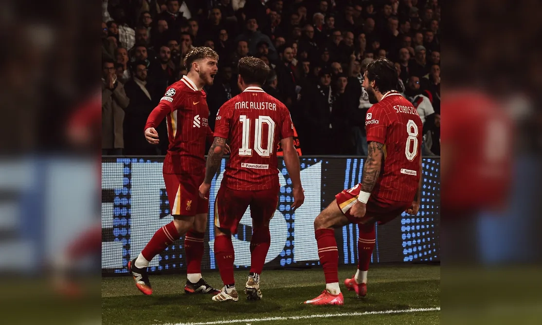 Игроки «Ливерпуля» после гола в ворота ПСЖ в Лиге чемпионов. Обложка © X / Liverpool FC