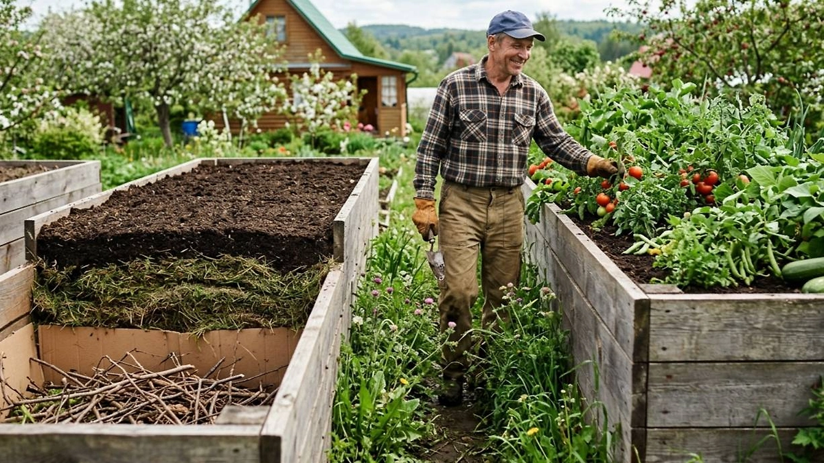 Огород на выходных: как сделать высокие грядки и зачем они нужны? Лайфхаки для дачи 2026. Фото © Nano Banana AI