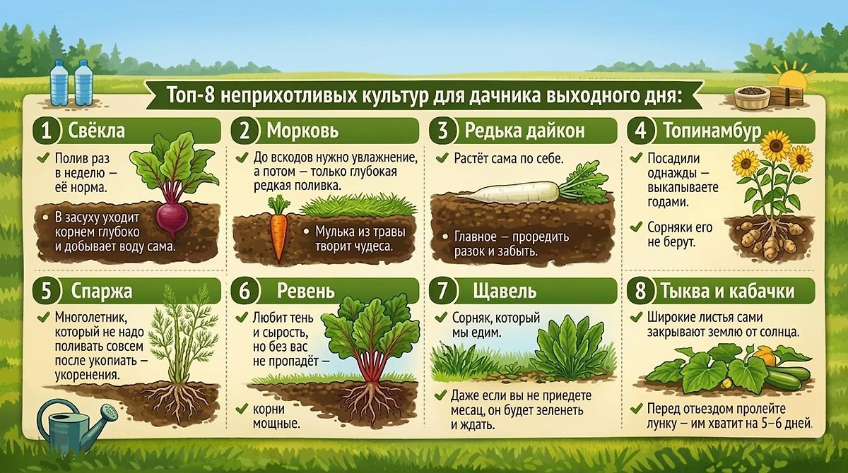 Что посадить на даче, если приезжаешь только на выходные? Неприхотливые овощи, которые не требуют много ухода. Фото © Nano Banana AI