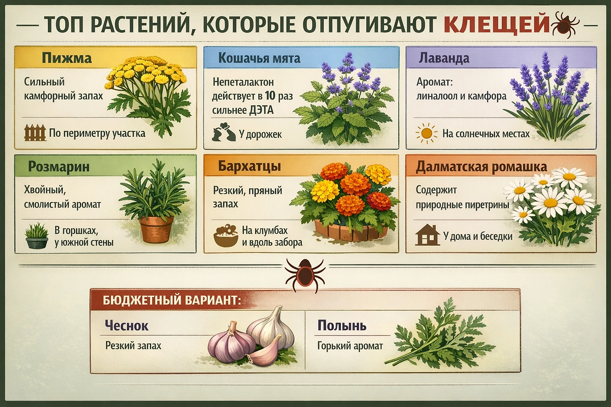 Что посадить на даче от клещей? Список растений-реппелентов. Фото © GPTChat 