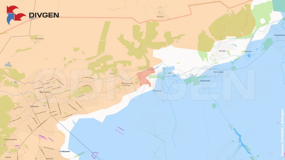 Карта СВО на 16 апреля 2026 года. Группировка «Север» выбила ВСУ из Волчанских Хуторов. Фото © Telegram / DIVGEN 🚩 Карта СВО
