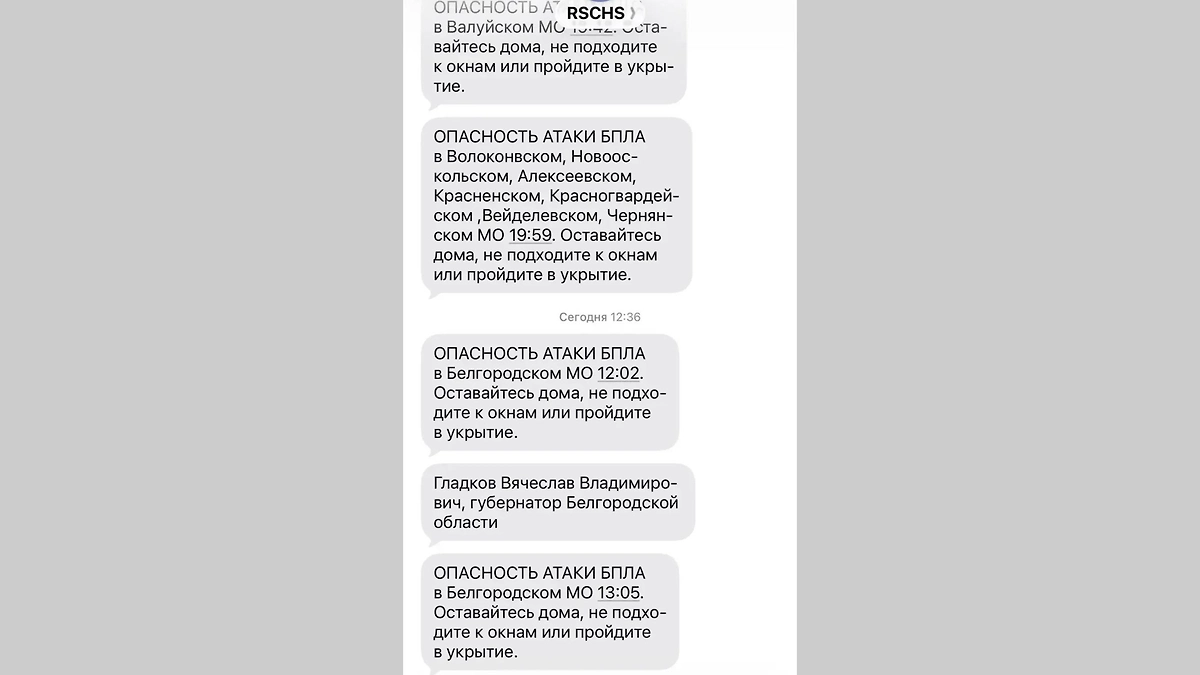 Скриншот рассылки от РСЧС. Фото © Telegram/Настоящий Гладков