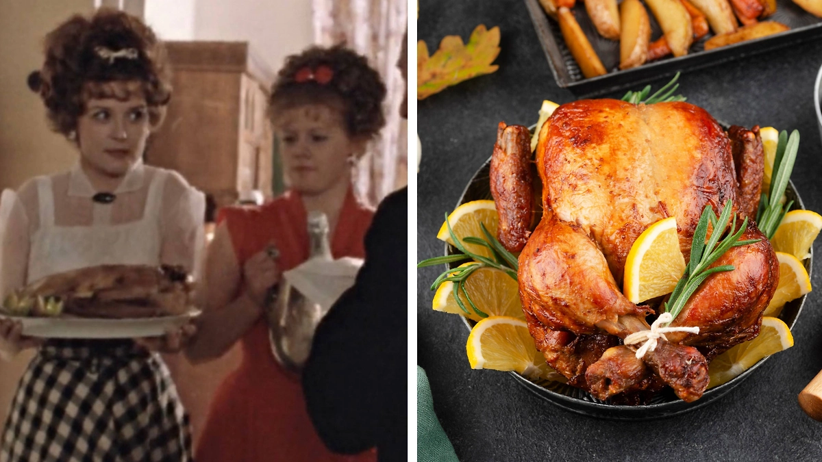 Рецепт запечённого гуся, фаршированного апельсинами, из фильма «Москва слезам не верит». Фото © «Москва слезам не верит», режиссёр Владимир Меньшов, сценарист Валентин Черных / Kinopoisk, © Freepik