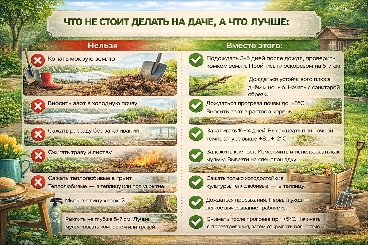 Топ-10 ошибок в апреле, которые совершает каждый дачник. Что на самом деле нужно делать в апреле 2026? Фото © GPTChat 