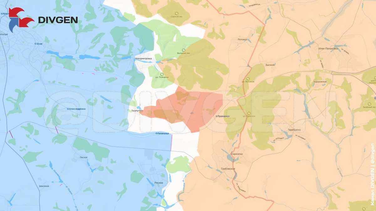 Карта СВО на 19 апреля 2026 года. Группировка «Север» формирует зону безопасности в Краснопольском районе. Штурмовые подразделения подошли к селу Таратутино. Фото © Telegram / divgen