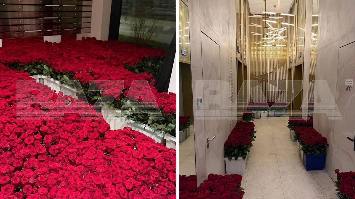 В московских Раменках подъезд ЖК завалили миллионом роз за 70 млн рублей. Фото © Telegram / Baza