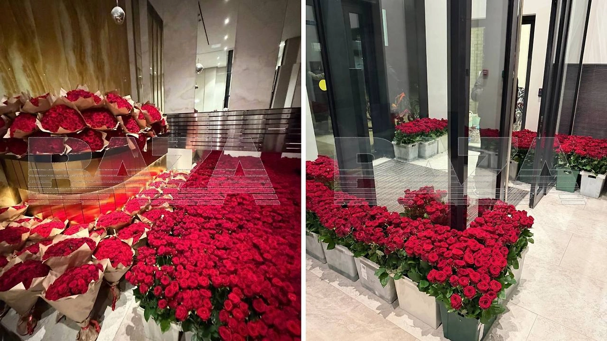 В московских Раменках подъезд ЖК завалили миллионом роз за 70 млн рублей. Фото © Telegram / Baza
