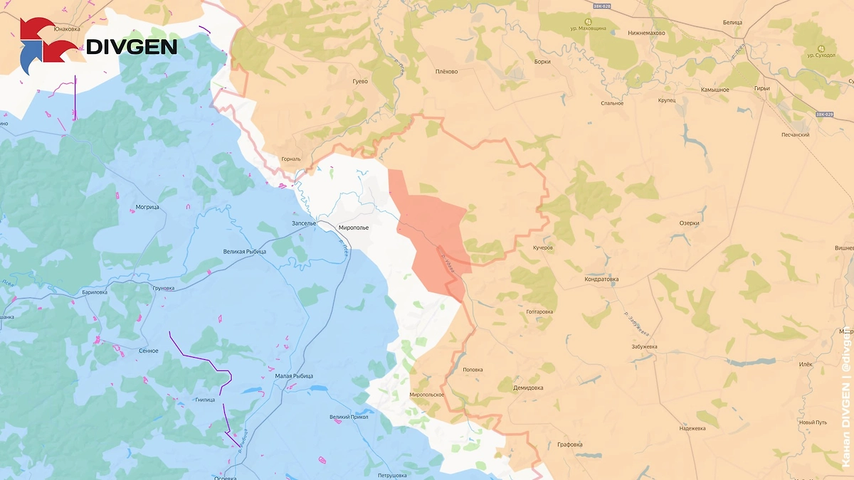 Карта СВО на 20 апреля 2026 года. ВС РФ расширяют зону контроля у Мирополья. Фото © Telegram / DIVGEN 🚩 Карта СВО