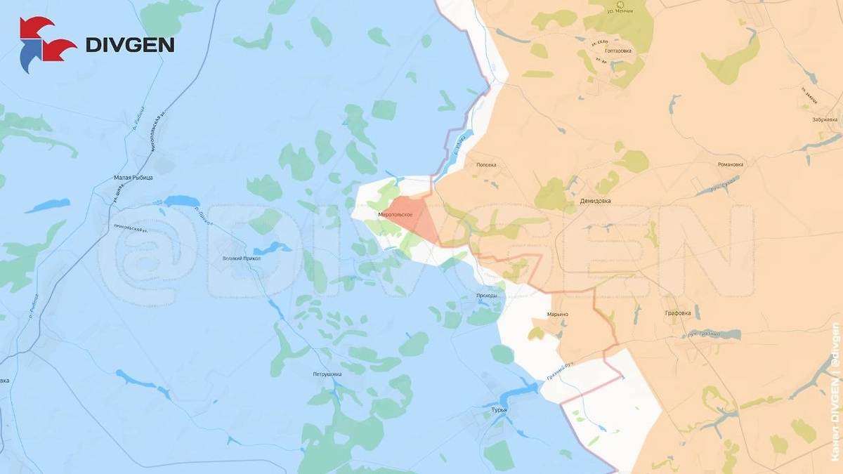 Карта СВО на 11 апреля 2026 года. ВС РФ заняли Миропольское в Сумской области и создали новый плацдарм. Фото © Telegram / DIVGEN 🚩 Карта