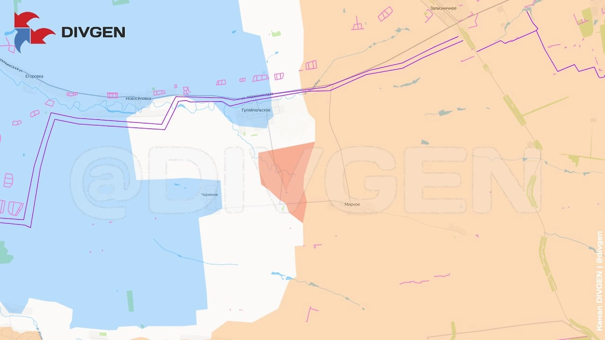 Карта СВО на 25 апреля 2026 года. Штурмовые подразделения ВС РФ продвигаются к Чаривному и Гуляйпольскому. Фото © Telegram / DIVGEN 🚩 Карта СВО