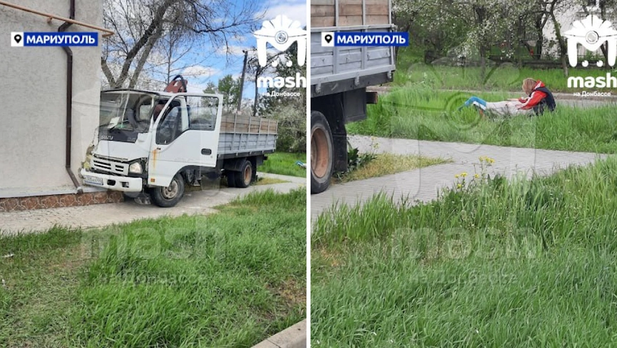 Грузовик сбил женщину и врезался в дом. Фото © Telegram / Mash на Донбассе