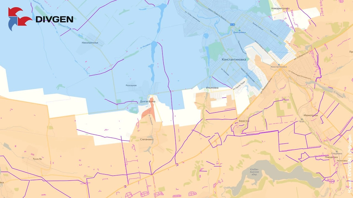 Карта СВО на 27 апреля 2026 года. На Константиновском направлении ВС РФ вошли в Долгую Балку. Фото © Telegram / DIVGEN 🚩 Карта СВО